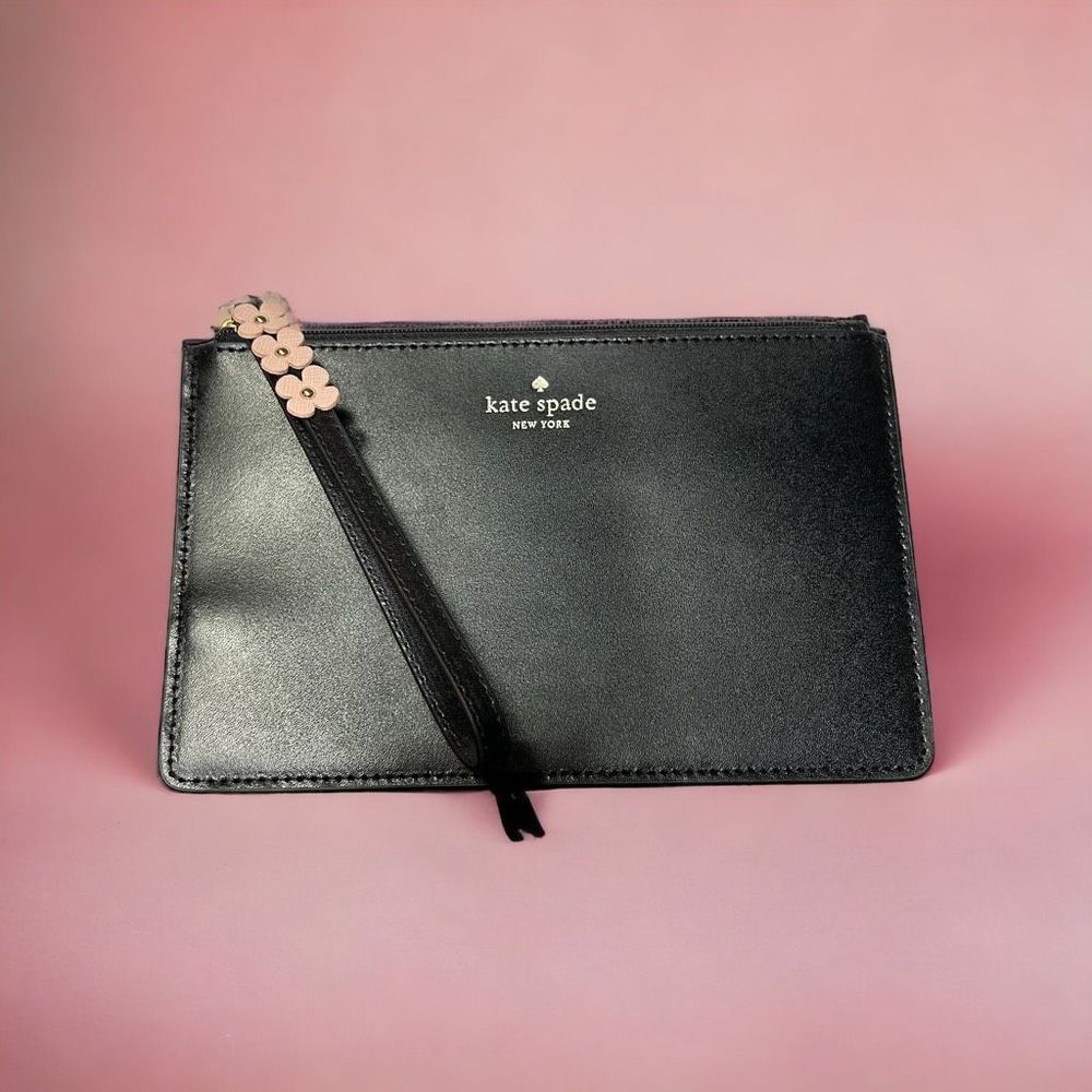 Kate Spade| Felicity Street| Floral Applique Black Leather Eli Wristlet